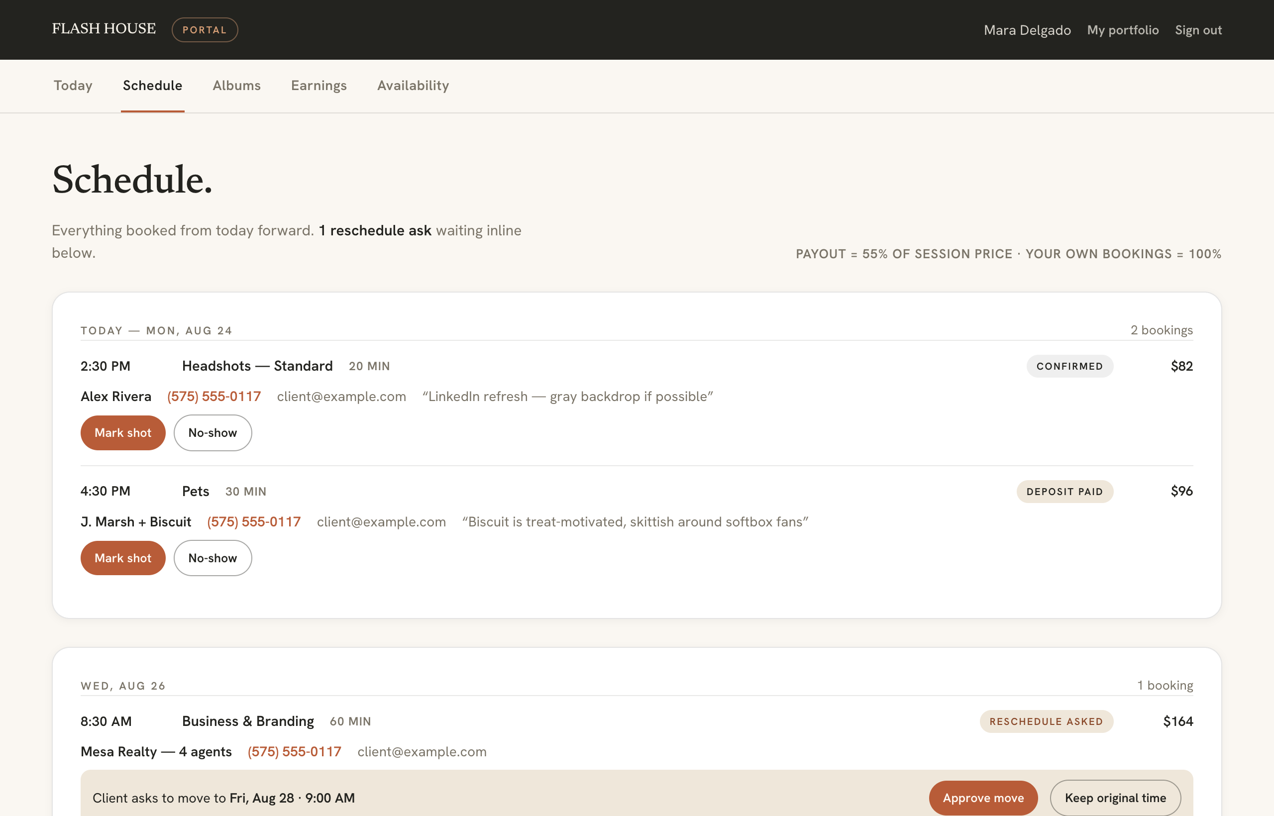 The schedule view — studio and on-location bookings grouped by day, with an add-your-own-booking form